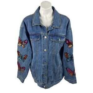 Fantastic Fawn Women Large Denim Jacket Sequin Butterfly Casual Sparkle NWT
